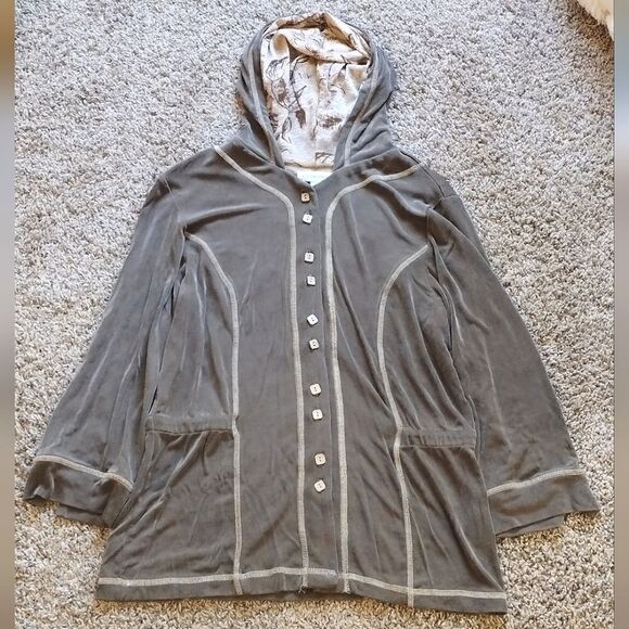 Coldwater Creek Women's Size Medium Stretchy Taupe Button up Jacket with Hoodie - Picture 5 of 13